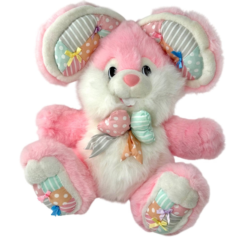 Vintage Plush Hoppy Bunny Rabbit Easter 18" Pink Excellent Patchwork Bows 1996